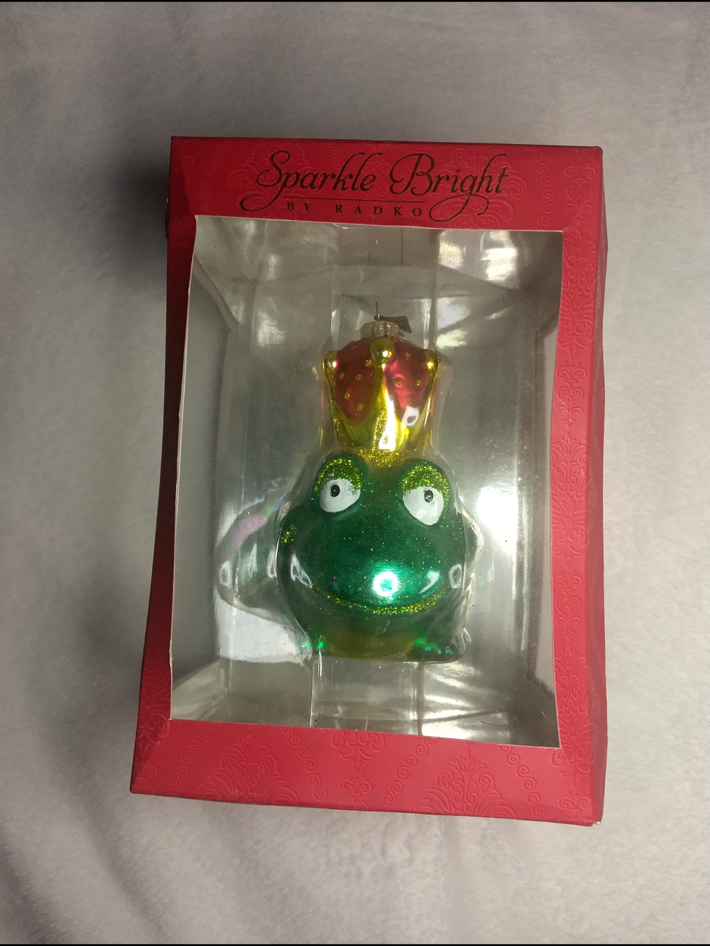 Vintage Sparkle Bright Green Frog Prince Holiday Ornament by